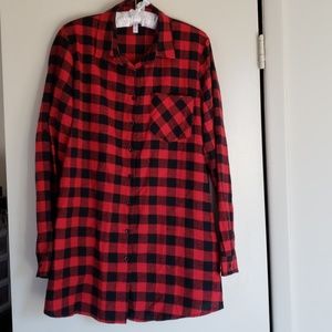 Tunic length plaid top with roll tab sleeves